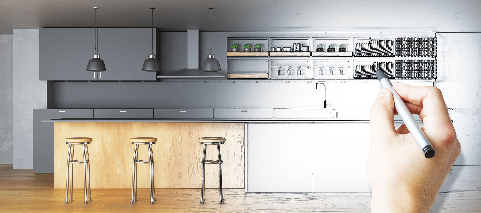 A wide kitchen interior fills the frame, with dark gray upper cabinets and white open shelves holding cups, plates, and bottles. Three narrow stools stand in front of a pale wood counter panel beneath a dark countertop. A large hand holding a light-colored stylus enters from the right and points toward the dish racks.